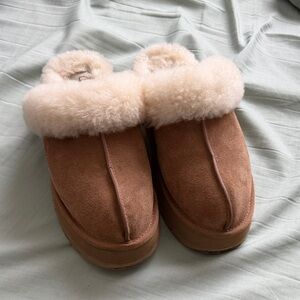 UGG Chestnut Suede Shearling Clog Slippers with Cream Cuff